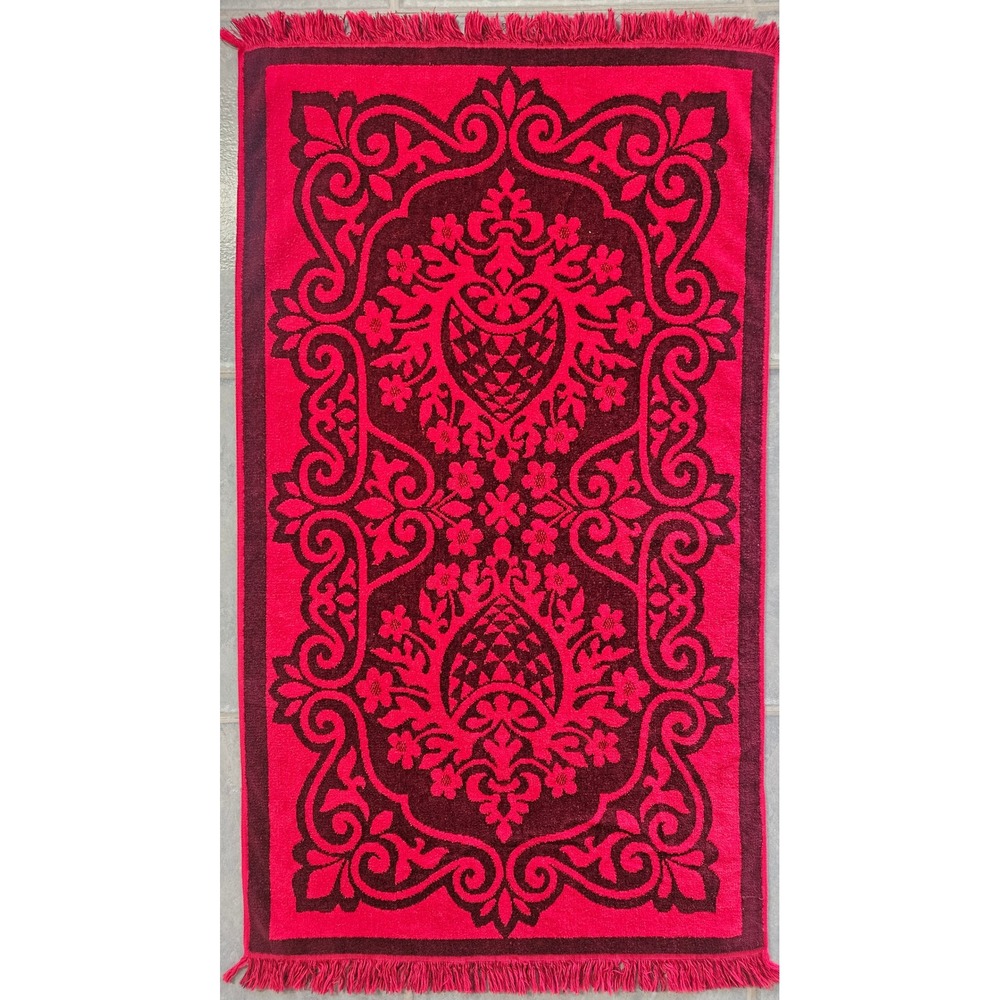 Vintage Fieldcrest Red Burgundy Damask Floral Cotton Fringed Bath Towel USA Made